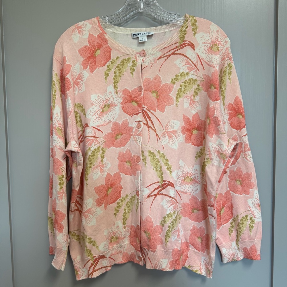 Pendleton Sweater Women Size Large Silk Blend Pink Peach Floral Print Cardigan‎